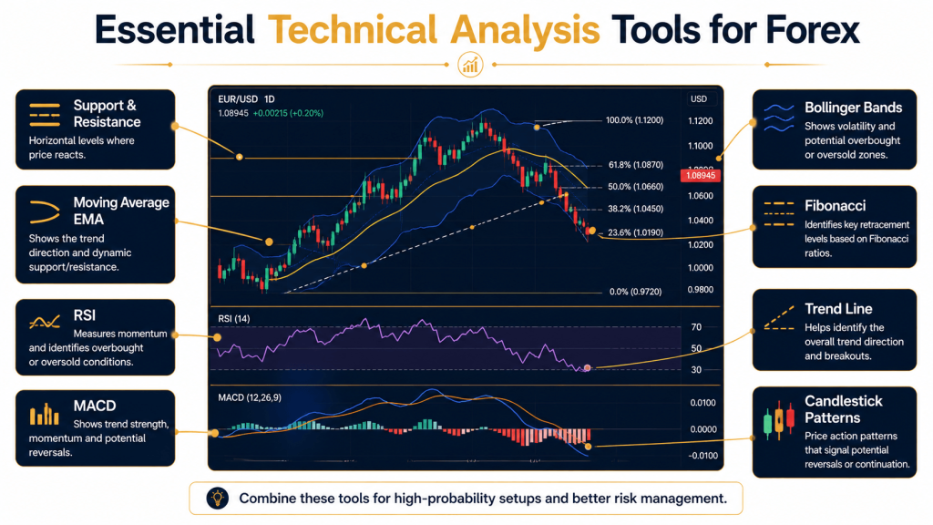 Technical analysis tools for Iranian forex traders — RSI, MACD, moving averages, support resistance and Smart Money concepts
