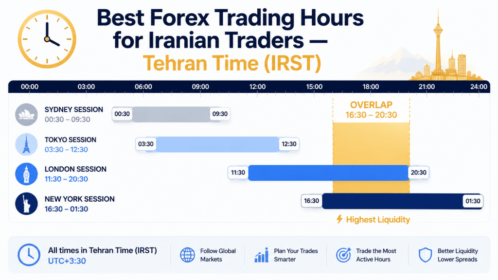 Best forex trading hours for Iranian traders in Tehran time — London and New York session overlap 16:30–20:30